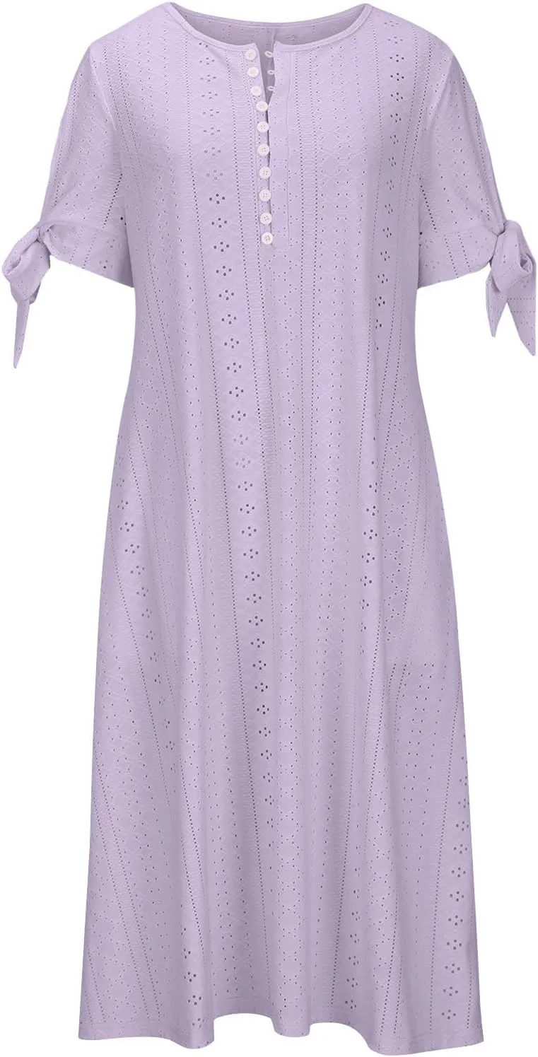 Casual Maxi Dresses for Women 2025 Summer Short Sleeve V Neck Hollow Out Eyelet Flowy Beach Vacation Boho Sundresses