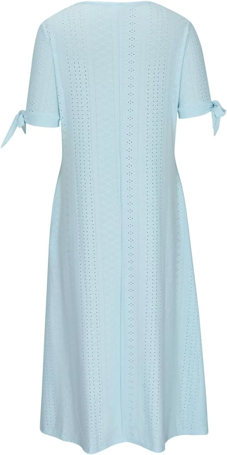 Casual Maxi Dresses for Women 2025 Summer Short Sleeve V Neck Hollow Out Eyelet Flowy Beach Vacation Boho Sundresses