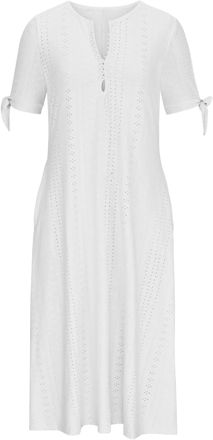 Casual Maxi Dresses for Women 2025 Summer Short Sleeve V Neck Hollow Out Eyelet Flowy Beach Vacation Boho Sundresses