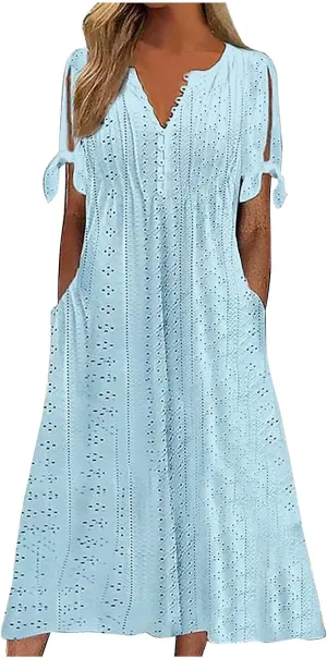 Casual Maxi Dresses for Women 2025 Summer Short Sleeve V Neck Hollow Out Eyelet Flowy Beach Vacation Boho Sundresses