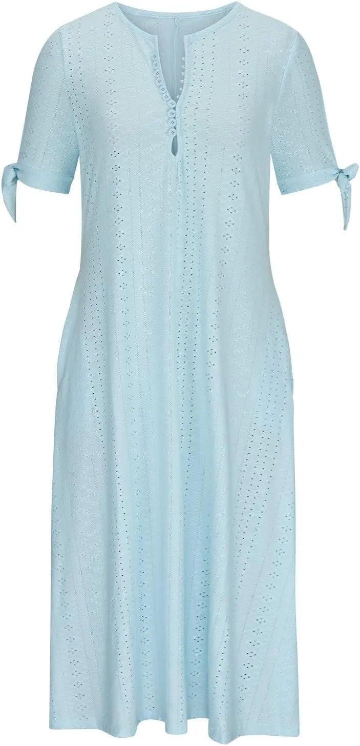 Casual Maxi Dresses for Women 2025 Summer Short Sleeve V Neck Hollow Out Eyelet Flowy Beach Vacation Boho Sundresses