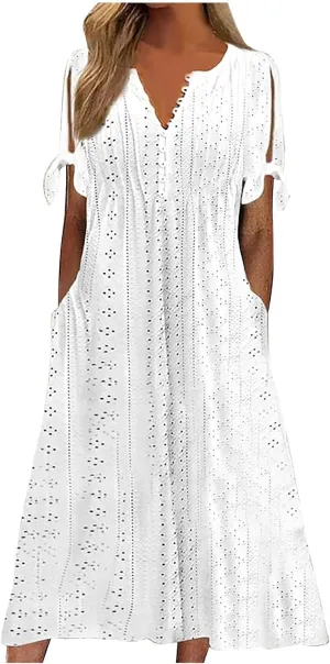 Casual Maxi Dresses for Women 2025 Summer Short Sleeve V Neck Hollow Out Eyelet Flowy Beach Vacation Boho Sundresses