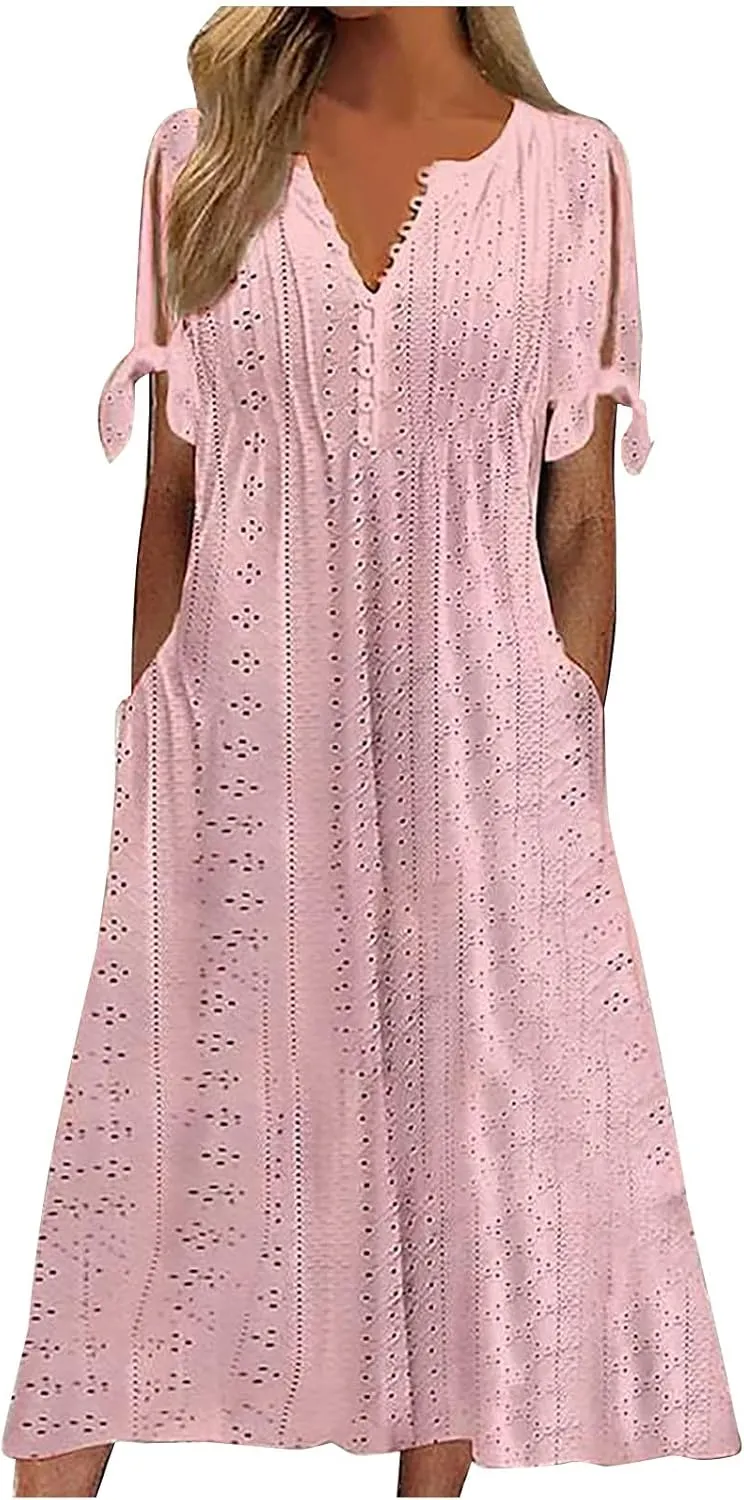 Casual Maxi Dresses for Women 2025 Summer Short Sleeve V Neck Hollow Out Eyelet Flowy Beach Vacation Boho Sundresses