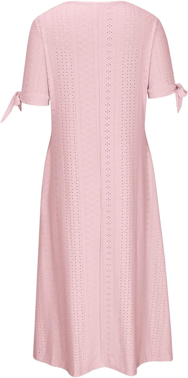 Casual Maxi Dresses for Women 2025 Summer Short Sleeve V Neck Hollow Out Eyelet Flowy Beach Vacation Boho Sundresses
