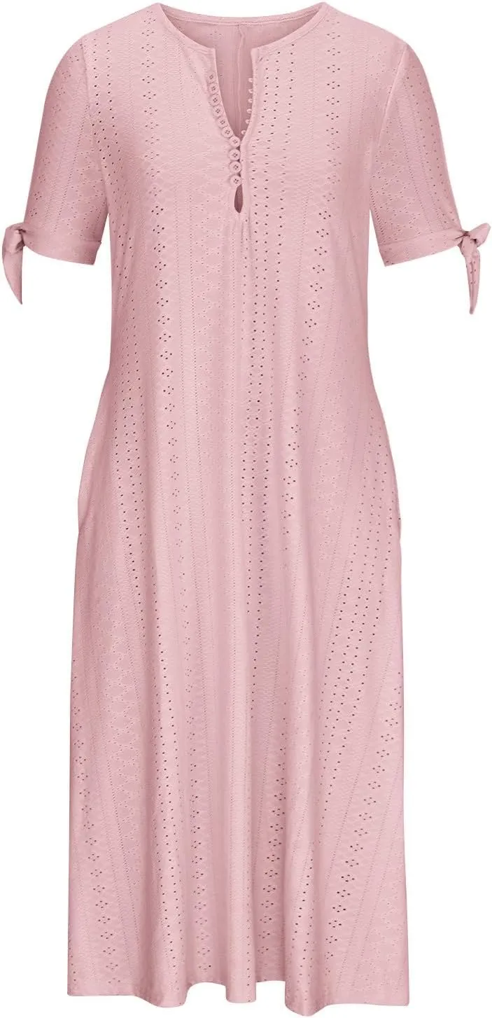 Casual Maxi Dresses for Women 2025 Summer Short Sleeve V Neck Hollow Out Eyelet Flowy Beach Vacation Boho Sundresses
