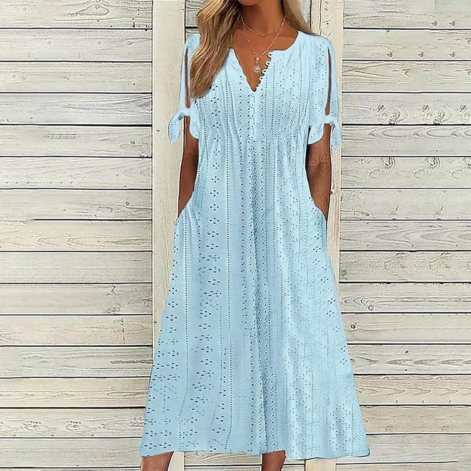 Casual Maxi Dresses for Women 2025 Summer Short Sleeve V Neck Hollow Out Eyelet Flowy Beach Vacation Boho Sundresses