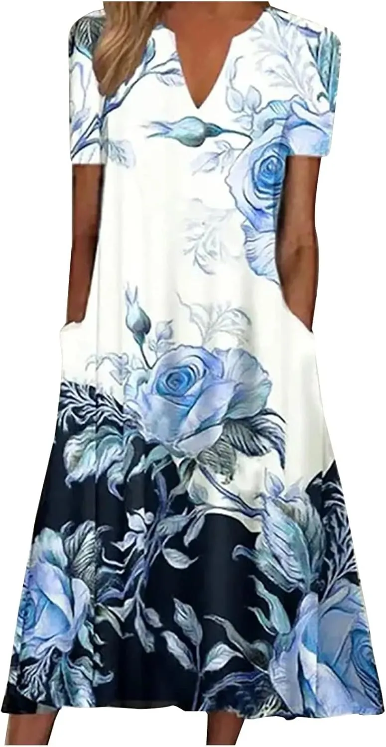 Casual Maxi Dresses for Women Short Sleeve Beach Vacation Sundress Floral Print Loose Flowy A-Line Shirt Dresses