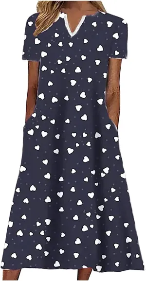 Casual Maxi Dresses for Women Short Sleeve Beach Vacation Sundress Floral Print Loose Flowy A-Line Shirt Dresses
