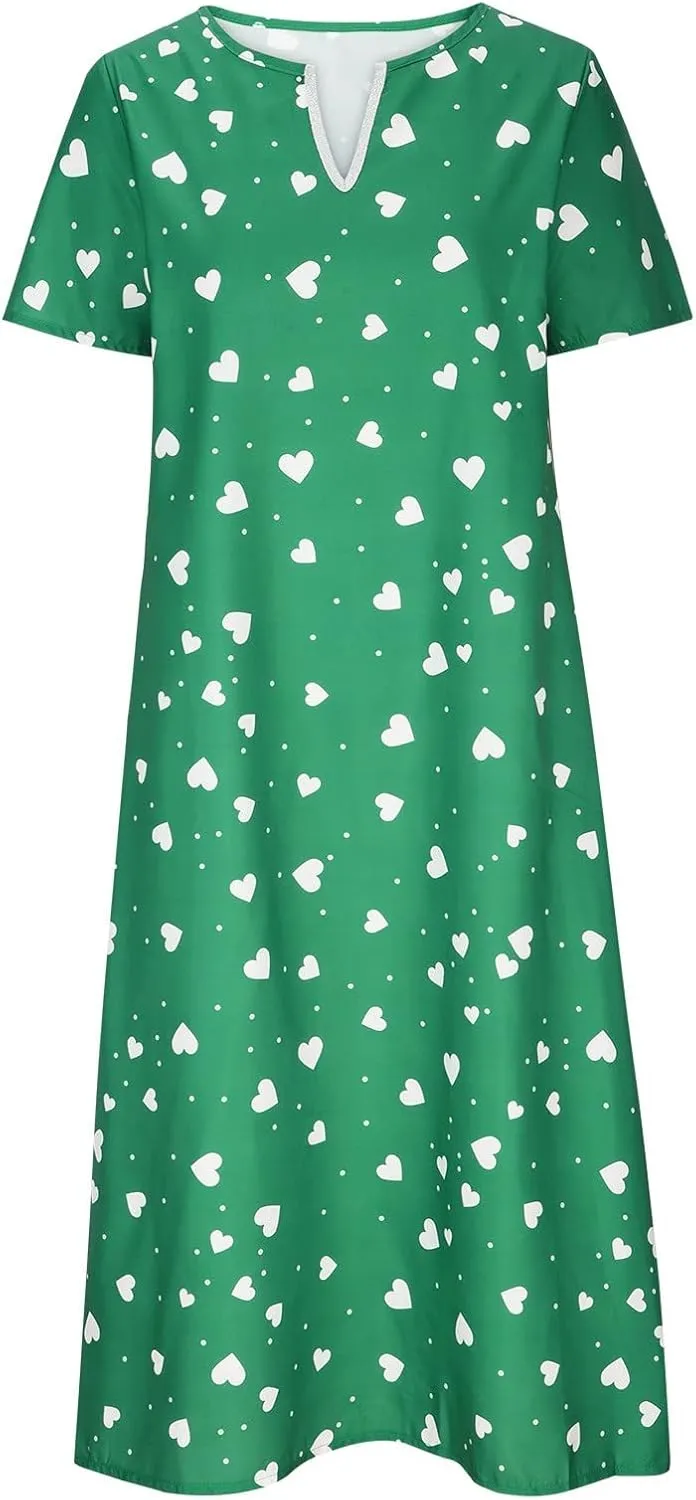 Casual Maxi Dresses for Women Short Sleeve Beach Vacation Sundress Floral Print Loose Flowy A-Line Shirt Dresses