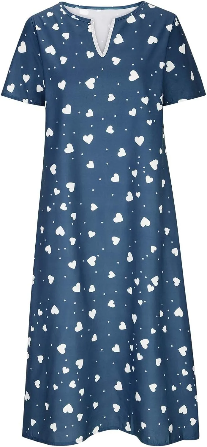 Casual Maxi Dresses for Women Short Sleeve Beach Vacation Sundress Floral Print Loose Flowy A-Line Shirt Dresses