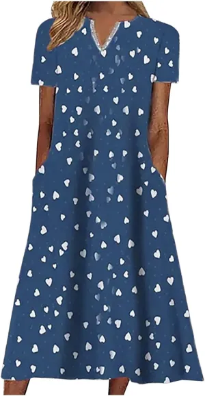 Casual Maxi Dresses for Women Short Sleeve Beach Vacation Sundress Floral Print Loose Flowy A-Line Shirt Dresses