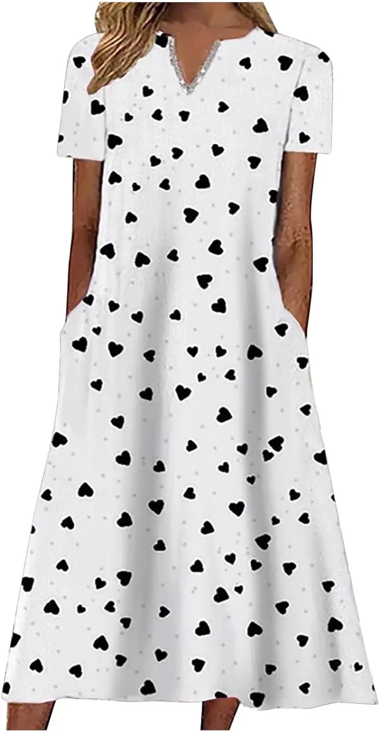 Casual Maxi Dresses for Women Short Sleeve Beach Vacation Sundress Floral Print Loose Flowy A-Line Shirt Dresses