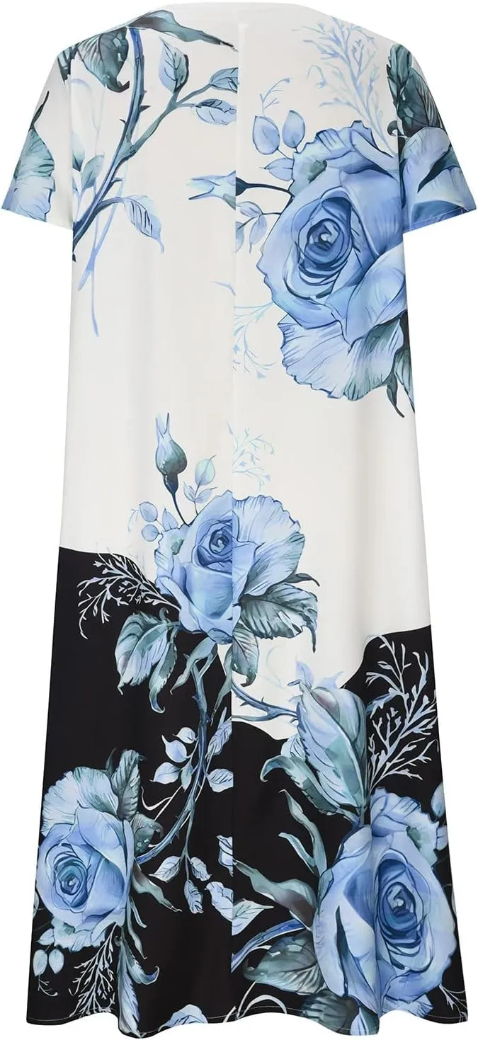 Casual Maxi Dresses for Women Short Sleeve Beach Vacation Sundress Floral Print Loose Flowy A-Line Shirt Dresses