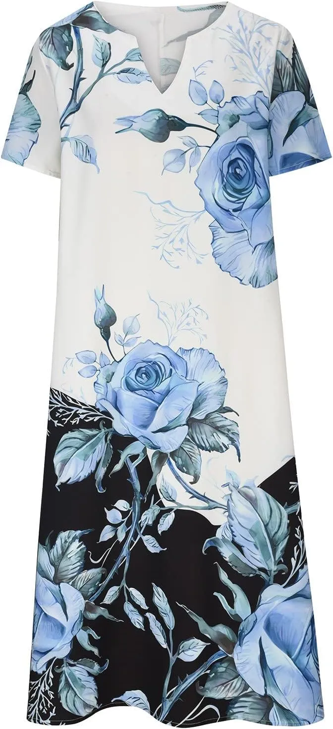 Casual Maxi Dresses for Women Short Sleeve Beach Vacation Sundress Floral Print Loose Flowy A-Line Shirt Dresses