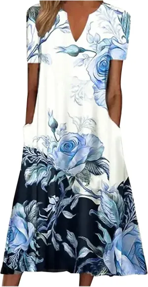 Casual Maxi Dresses for Women Short Sleeve Beach Vacation Sundress Floral Print Loose Flowy A-Line Shirt Dresses