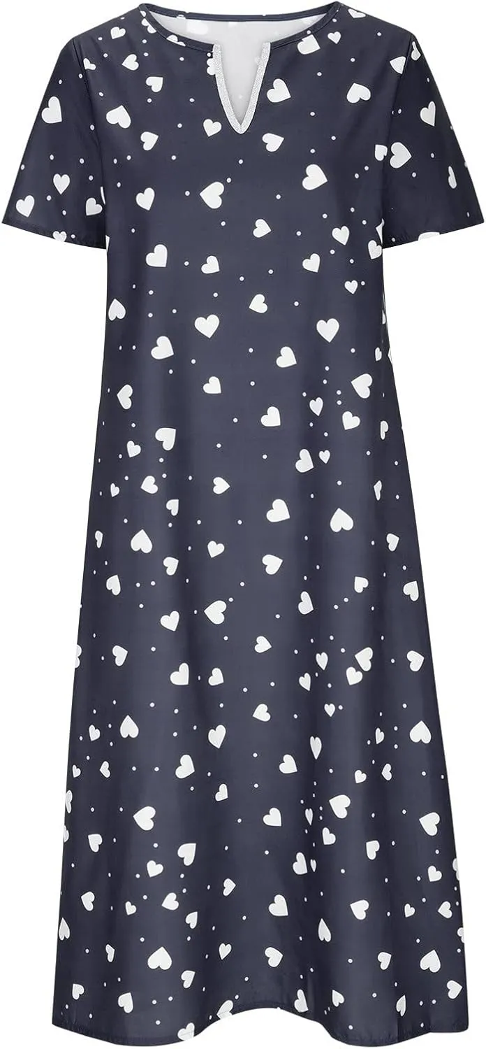Casual Maxi Dresses for Women Short Sleeve Beach Vacation Sundress Floral Print Loose Flowy A-Line Shirt Dresses