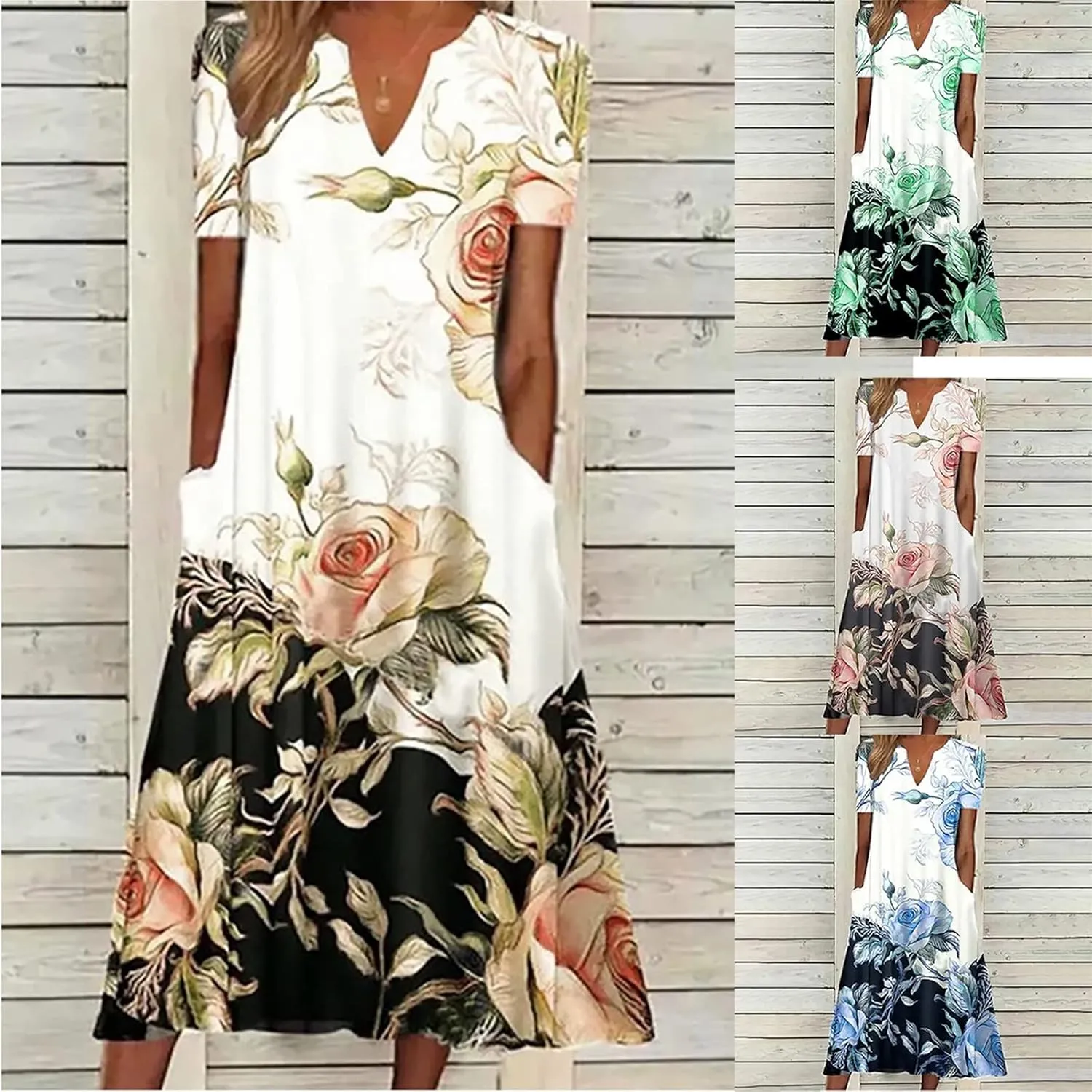 Casual Maxi Dresses for Women Short Sleeve Beach Vacation Sundress Floral Print Loose Flowy A-Line Shirt Dresses