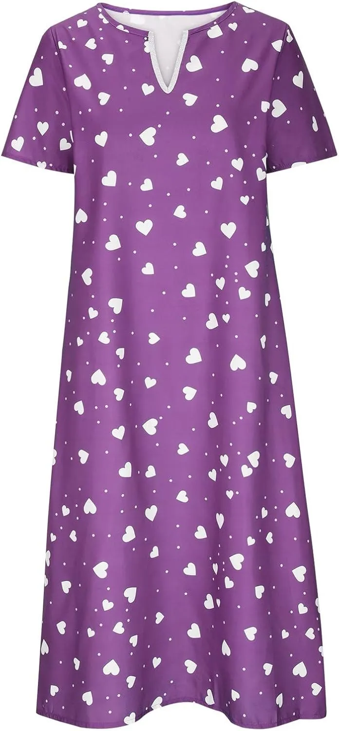Casual Maxi Dresses for Women Short Sleeve Beach Vacation Sundress Floral Print Loose Flowy A-Line Shirt Dresses