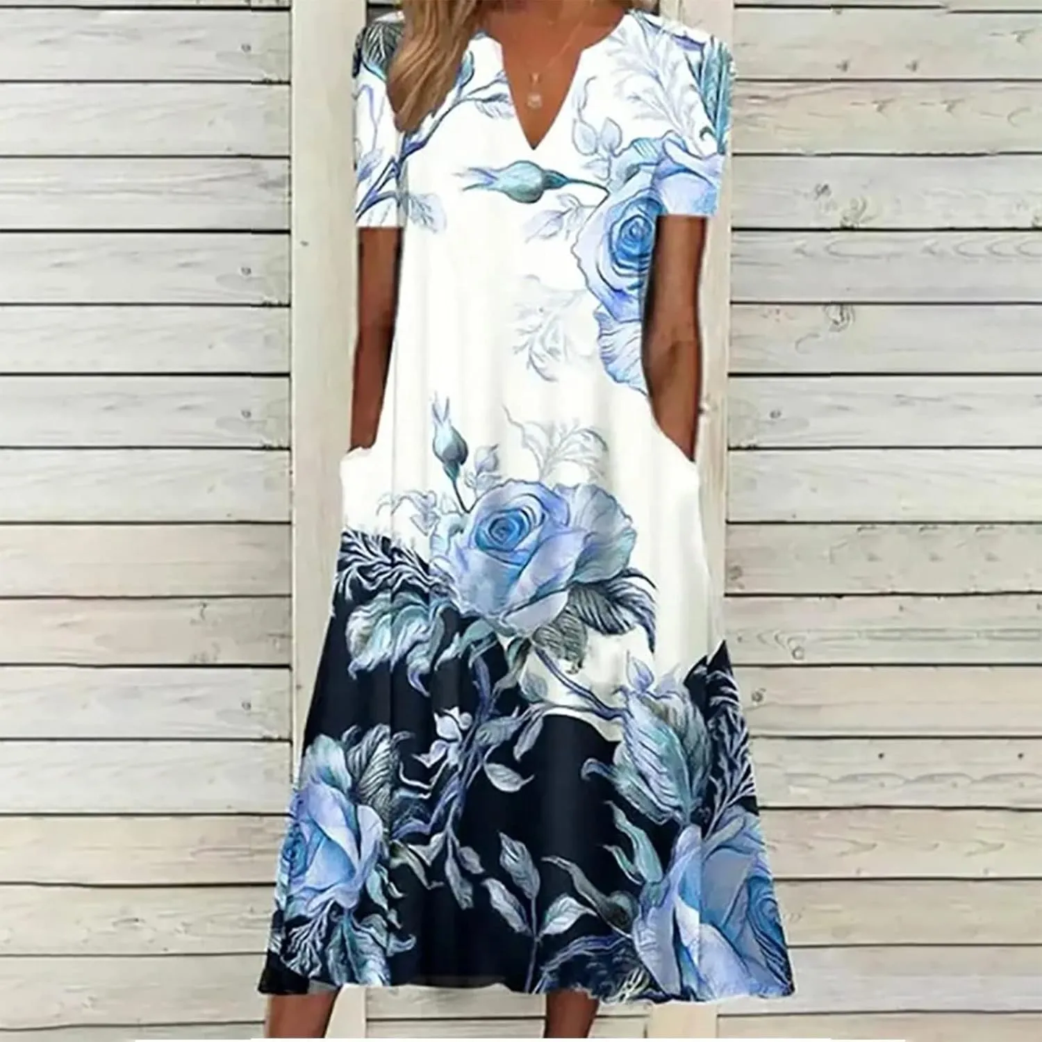 Casual Maxi Dresses for Women Short Sleeve Beach Vacation Sundress Floral Print Loose Flowy A-Line Shirt Dresses