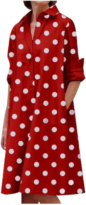 Ceboyel Womens Polka Dots Midi Dress Knee Length Half Sleeve Dresses Casual Loose Shirt Dress Dressy Trendy Summer Outfits