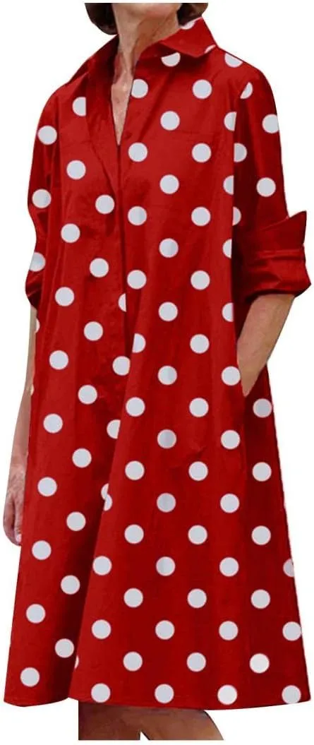 Ceboyel Womens Polka Dots Midi Dress Knee Length Half Sleeve Dresses Casual Loose Shirt Dress Dressy Trendy Summer Outfits