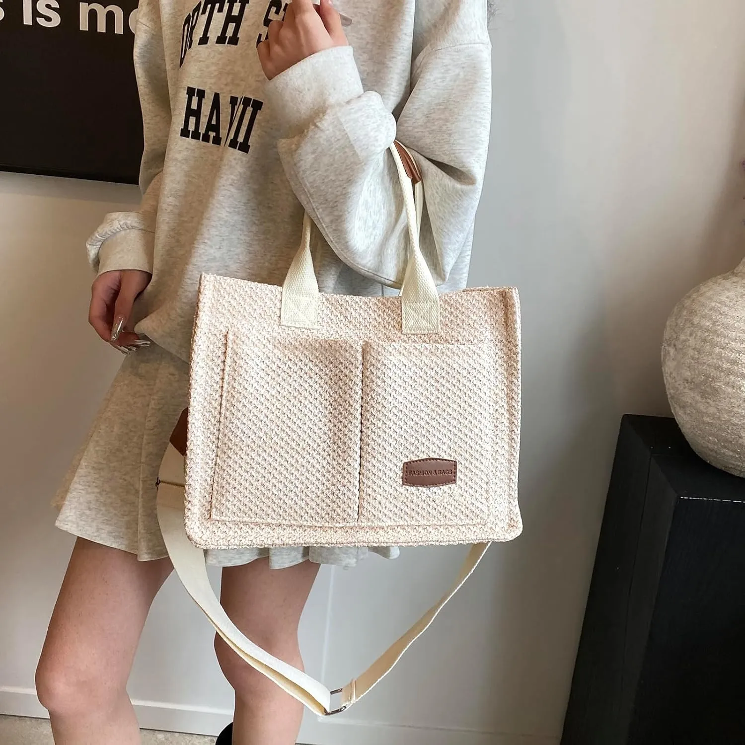 Cherry Tote Bag for Women Canvas Patched Purse Cute Shoulder Bag Multi-Pocket Satchel Handbag for work travel