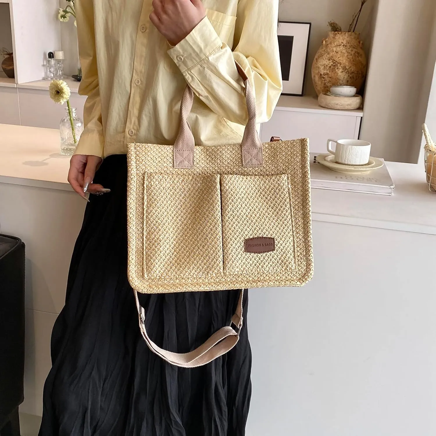 Cherry Tote Bag for Women Canvas Patched Purse Cute Shoulder Bag Multi-Pocket Satchel Handbag for work travel