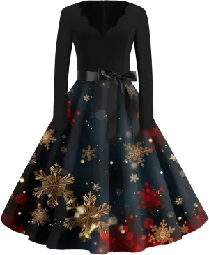 Christmas Dresses for Women Long Sleeve V Neck Aline Prom Hepburn Dress with Belt Cocktail Long Fit and Flare Dresses