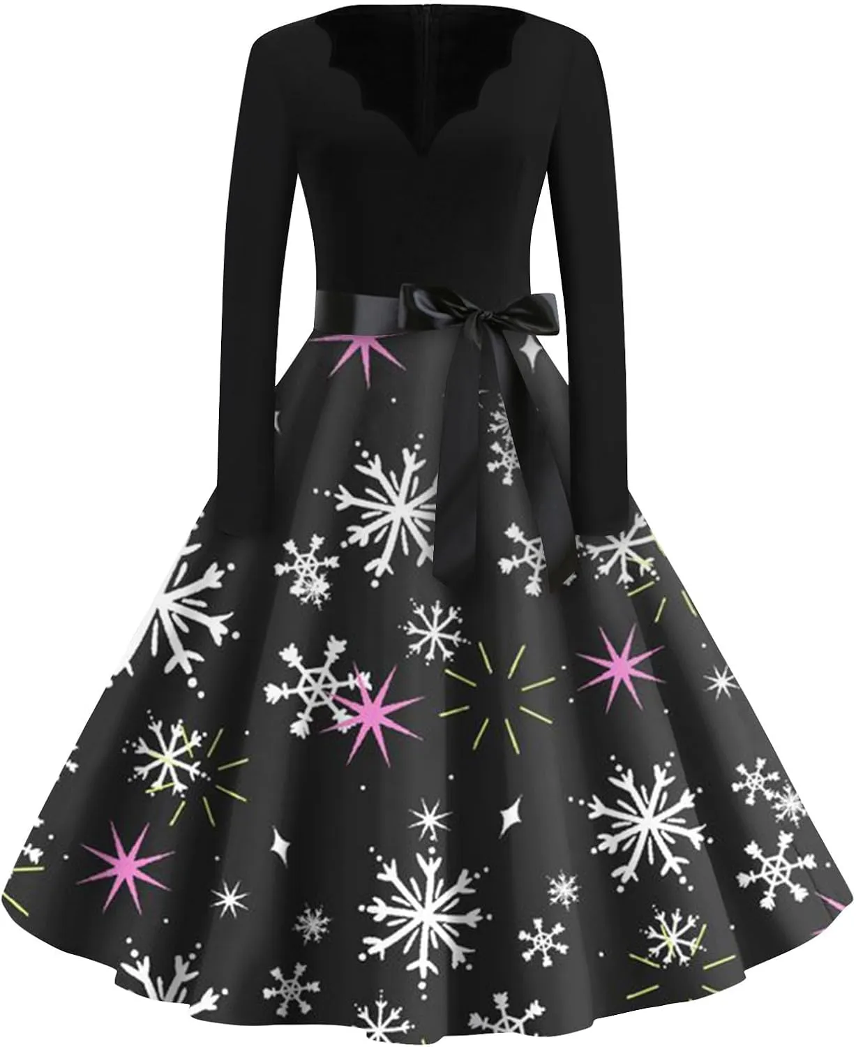 Christmas Dresses for Women Long Sleeve V Neck Aline Prom Hepburn Dress with Belt Cocktail Long Fit and Flare Dresses
