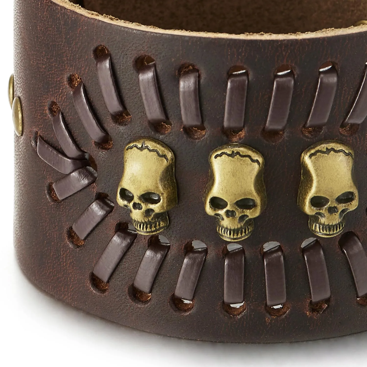 COOLSTEELANDBEYOND Punk Bracelet, Wide Brown Leather Wristband Bracelet with Skulls and Rivets, Men Women Gothic Rock