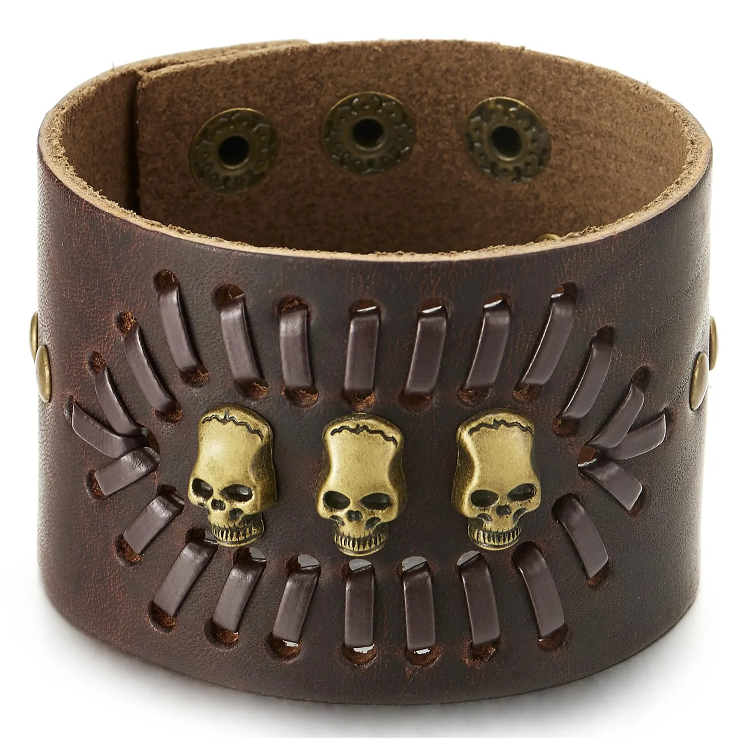 COOLSTEELANDBEYOND Punk Bracelet, Wide Brown Leather Wristband Bracelet with Skulls and Rivets, Men Women Gothic Rock