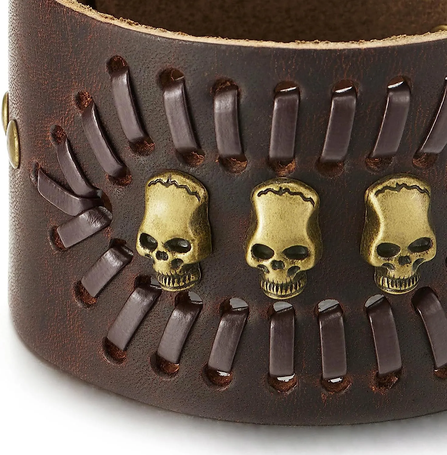 COOLSTEELANDBEYOND Punk Bracelet, Wide Brown Leather Wristband Bracelet with Skulls and Rivets, Men Women Gothic Rock
