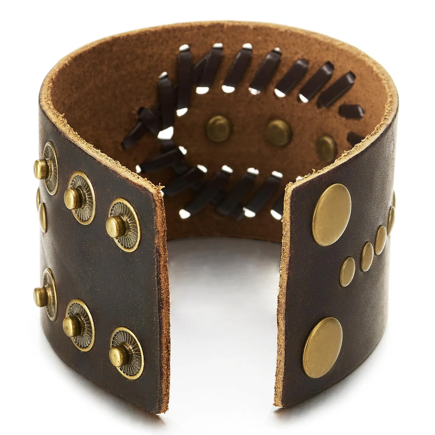 COOLSTEELANDBEYOND Punk Bracelet, Wide Brown Leather Wristband Bracelet with Skulls and Rivets, Men Women Gothic Rock