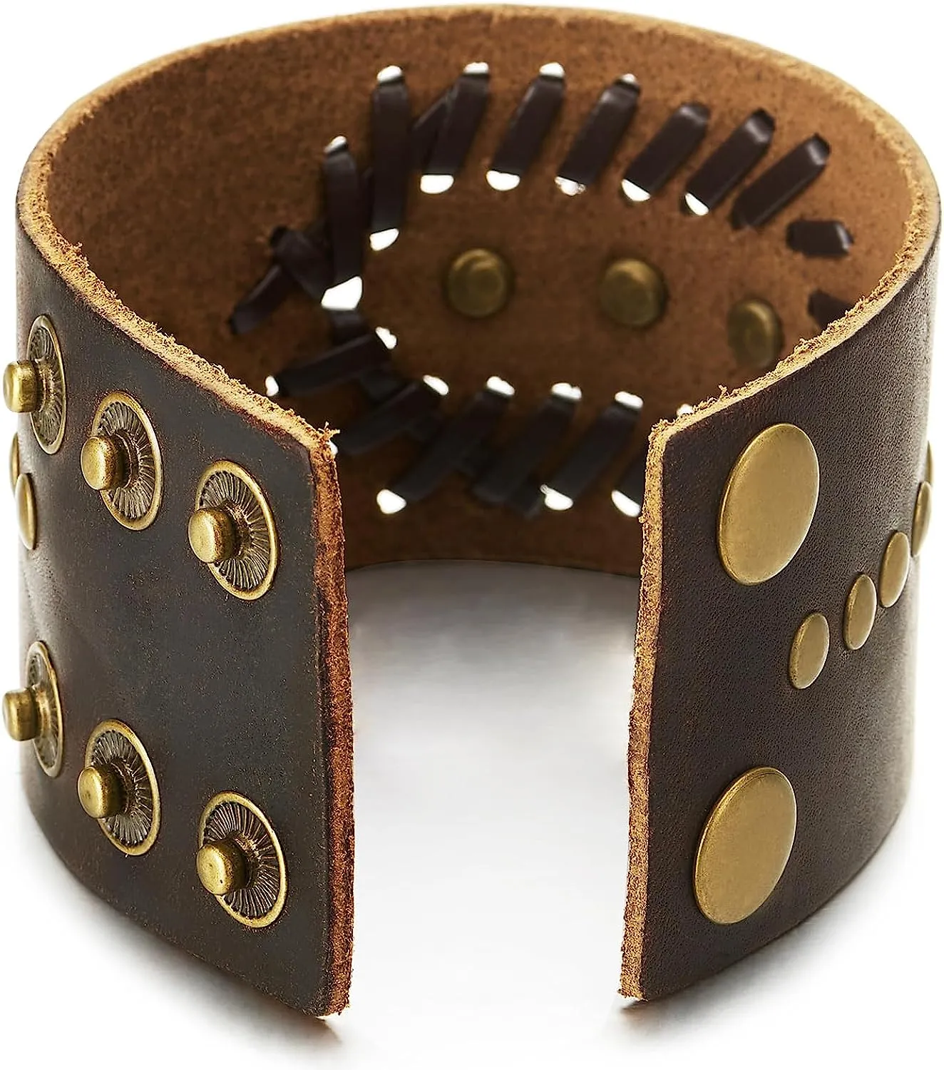 COOLSTEELANDBEYOND Punk Bracelet, Wide Brown Leather Wristband Bracelet with Skulls and Rivets, Men Women Gothic Rock