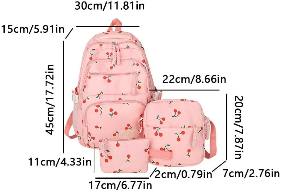 Coquette Cherry Backpack - Cute Kawaii Backpack Set Aesthetic Daypack Cherry Rucksack (C01 Cherry Pink)