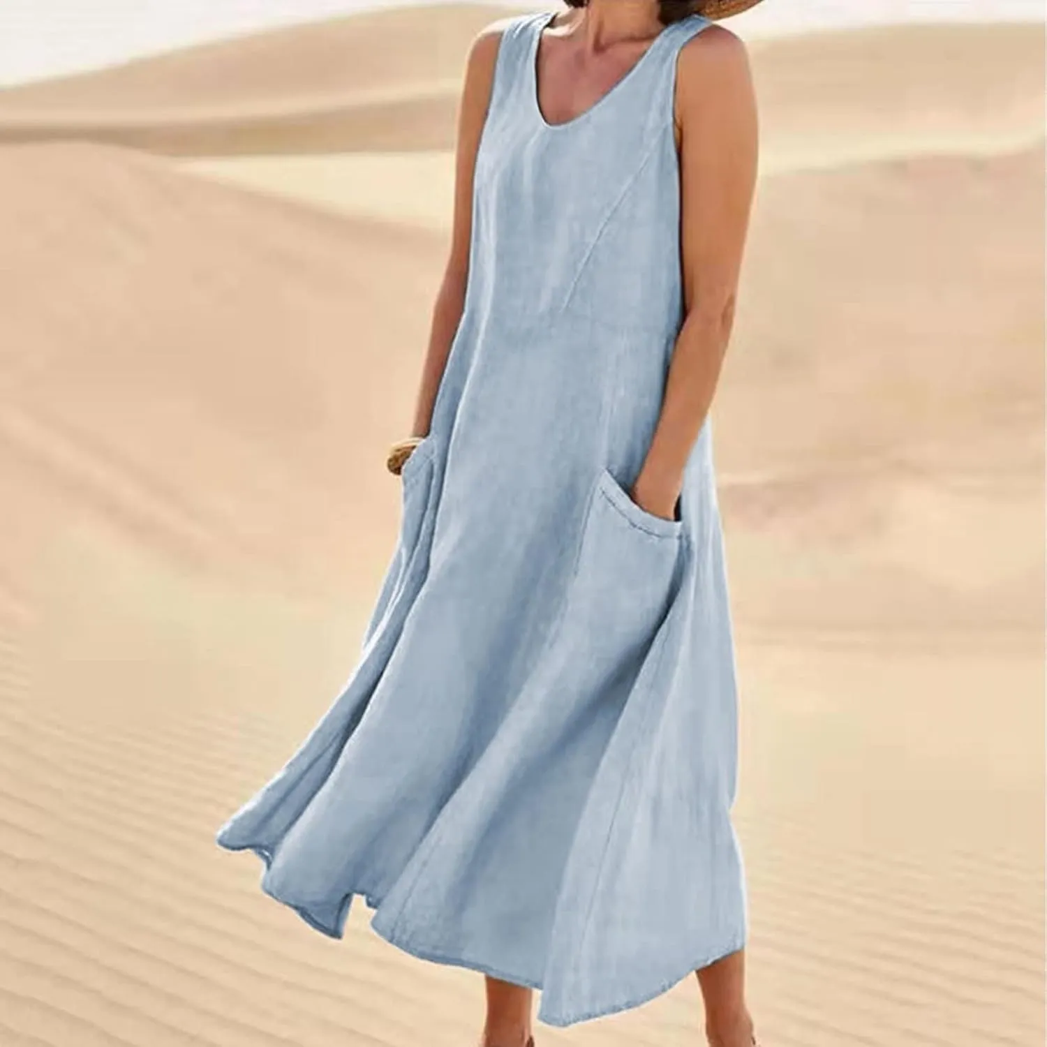 Cotton Linen Maxi Dress for Women 2025 Summer Boho Casual Beach Dresses Sleeveless Solid Long Dress Vacation Outfits