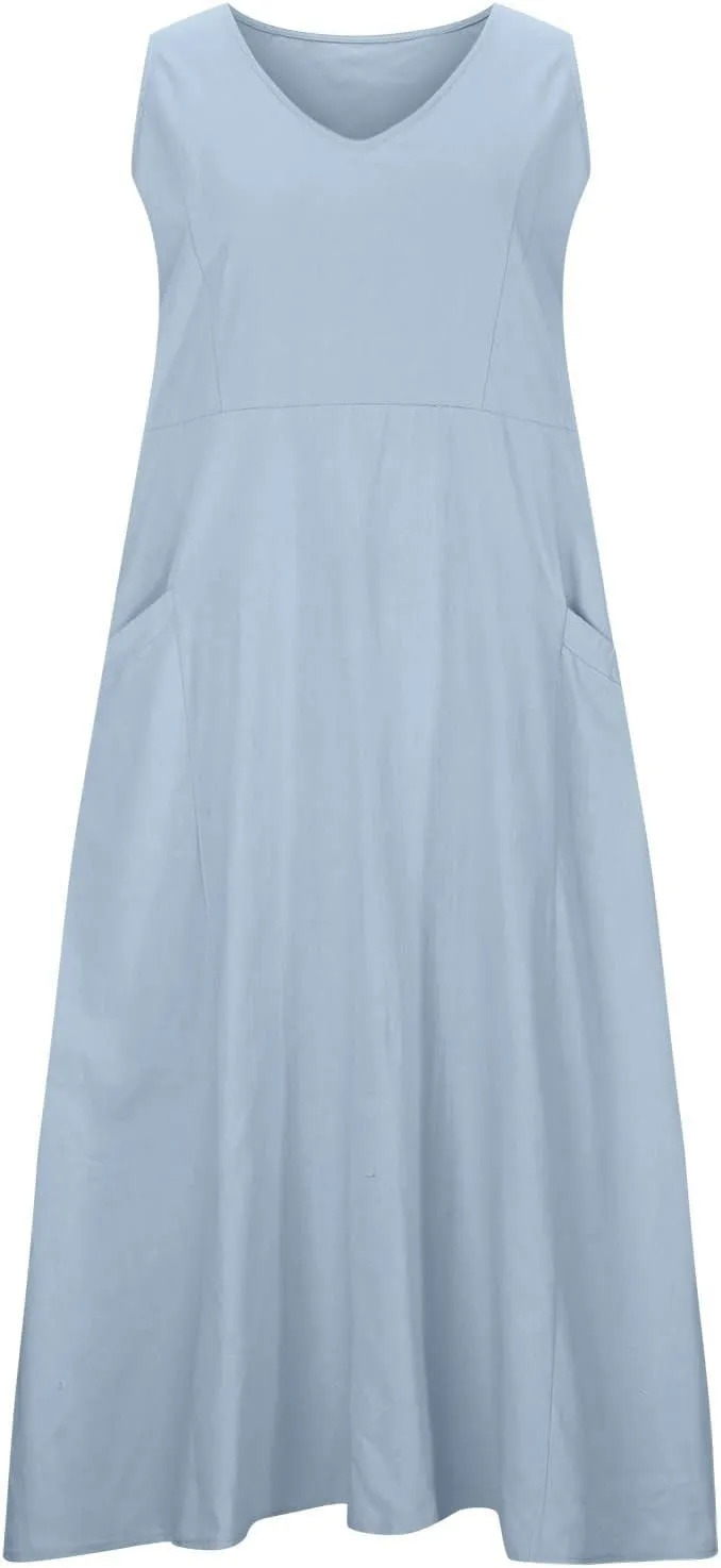 Cotton Linen Maxi Dress for Women 2025 Summer Boho Casual Beach Dresses Sleeveless Solid Long Dress Vacation Outfits