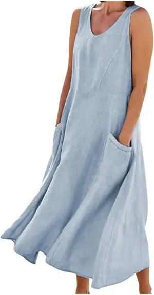 Cotton Linen Maxi Dress for Women 2025 Summer Boho Casual Beach Dresses Sleeveless Solid Long Dress Vacation Outfits