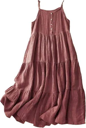 Cotton Linen Sundress for Women Summer Casual Spaghetti Strap Sleeveless Ruffle Tiered Beach Flowy Long Dresses Lightweight