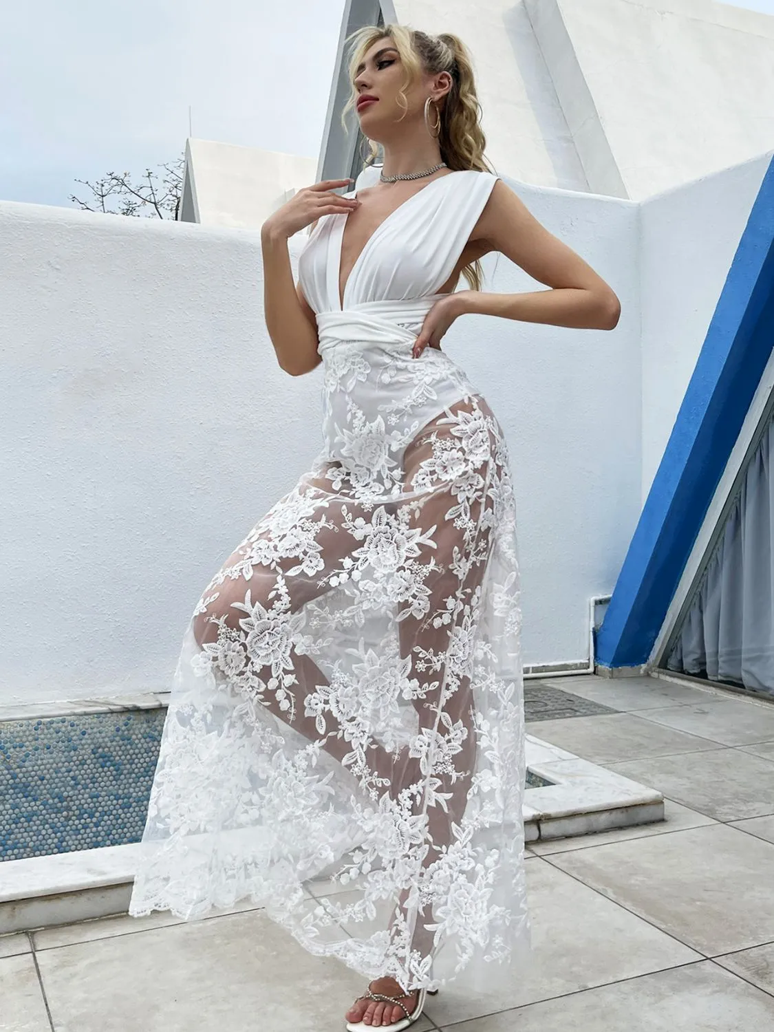 Crisscross Spliced Mesh Embroidered Maxi Dress