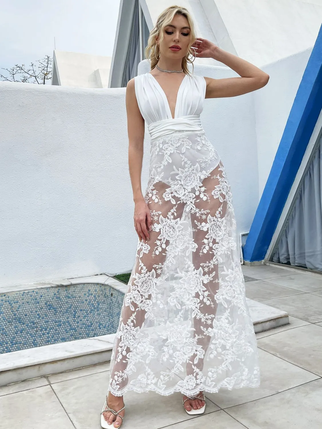 Crisscross Spliced Mesh Embroidered Maxi Dress