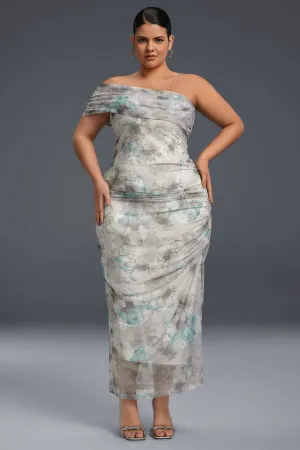 Curveins Plus Size One-Shoulder Floral Mesh Split Hem Maxi Dress