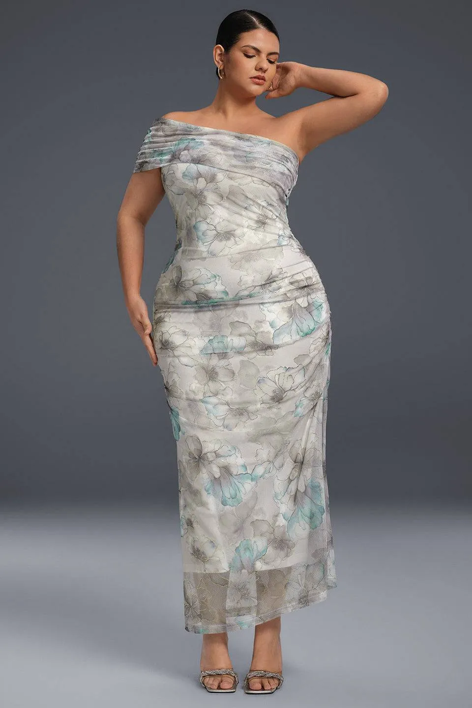 Curveins Plus Size One-Shoulder Floral Mesh Split Hem Maxi Dress