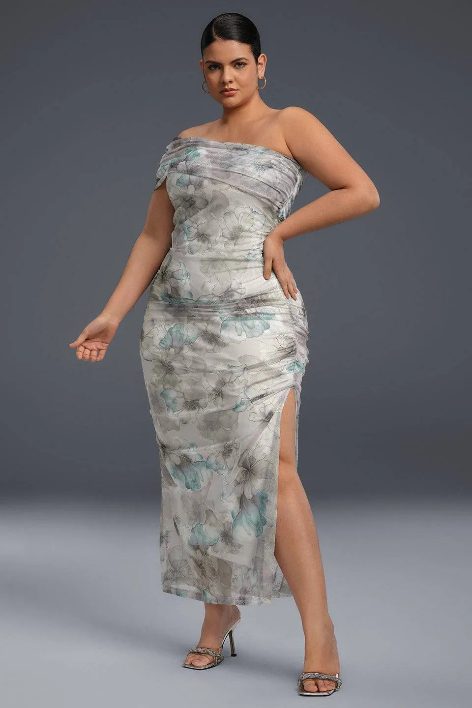 Curveins Plus Size One-Shoulder Floral Mesh Split Hem Maxi Dress