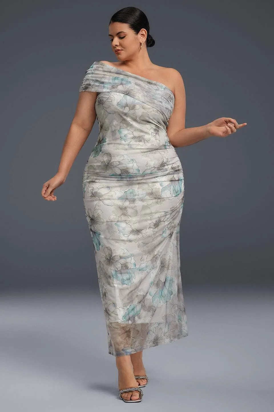 Curveins Plus Size One-Shoulder Floral Mesh Split Hem Maxi Dress
