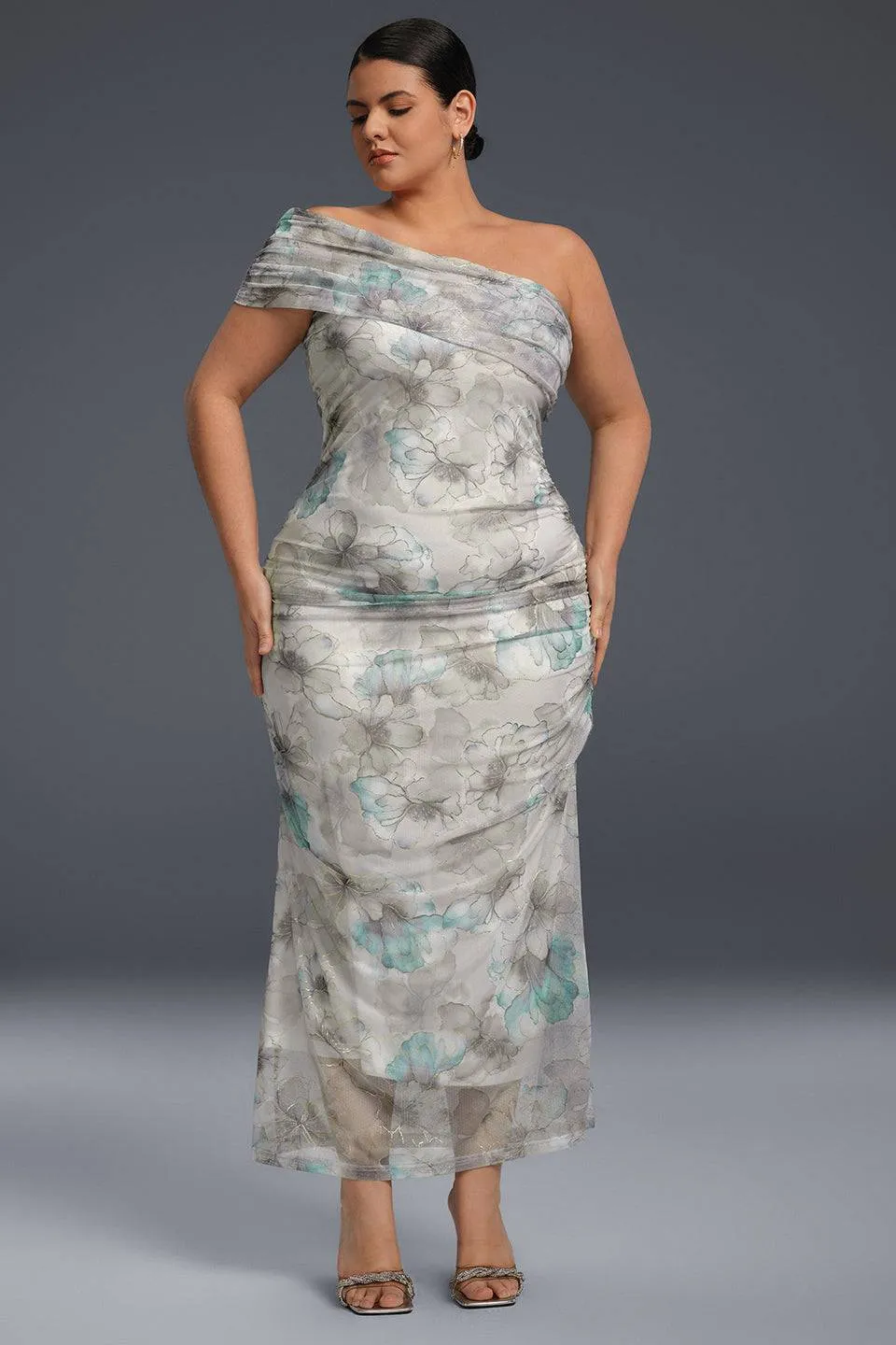 Curveins Plus Size One-Shoulder Floral Mesh Split Hem Maxi Dress