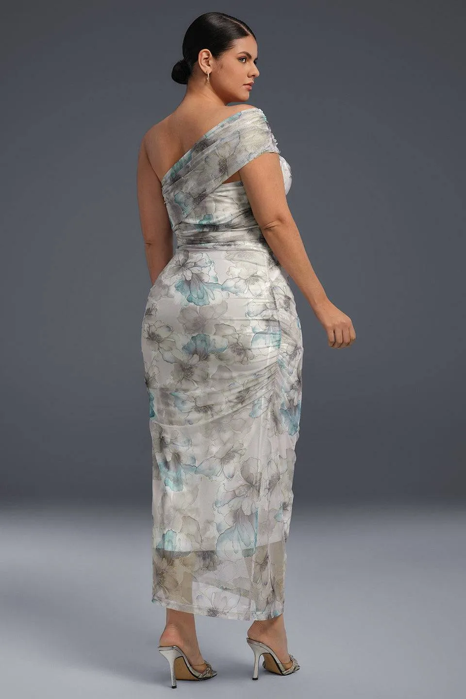 Curveins Plus Size One-Shoulder Floral Mesh Split Hem Maxi Dress
