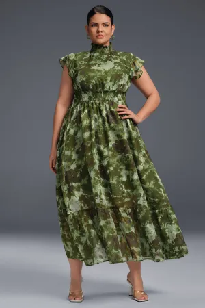 Curveins Plus Size Sleeveless Floral Ruffle Hem Mesh Maxi Dress