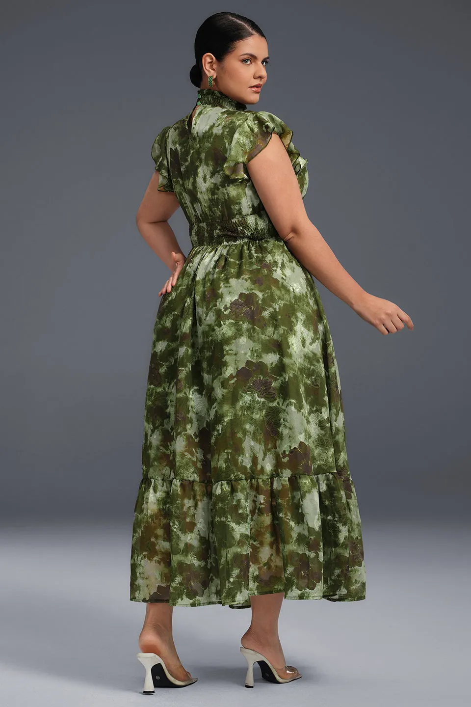 Curveins Plus Size Sleeveless Floral Ruffle Hem Mesh Maxi Dress
