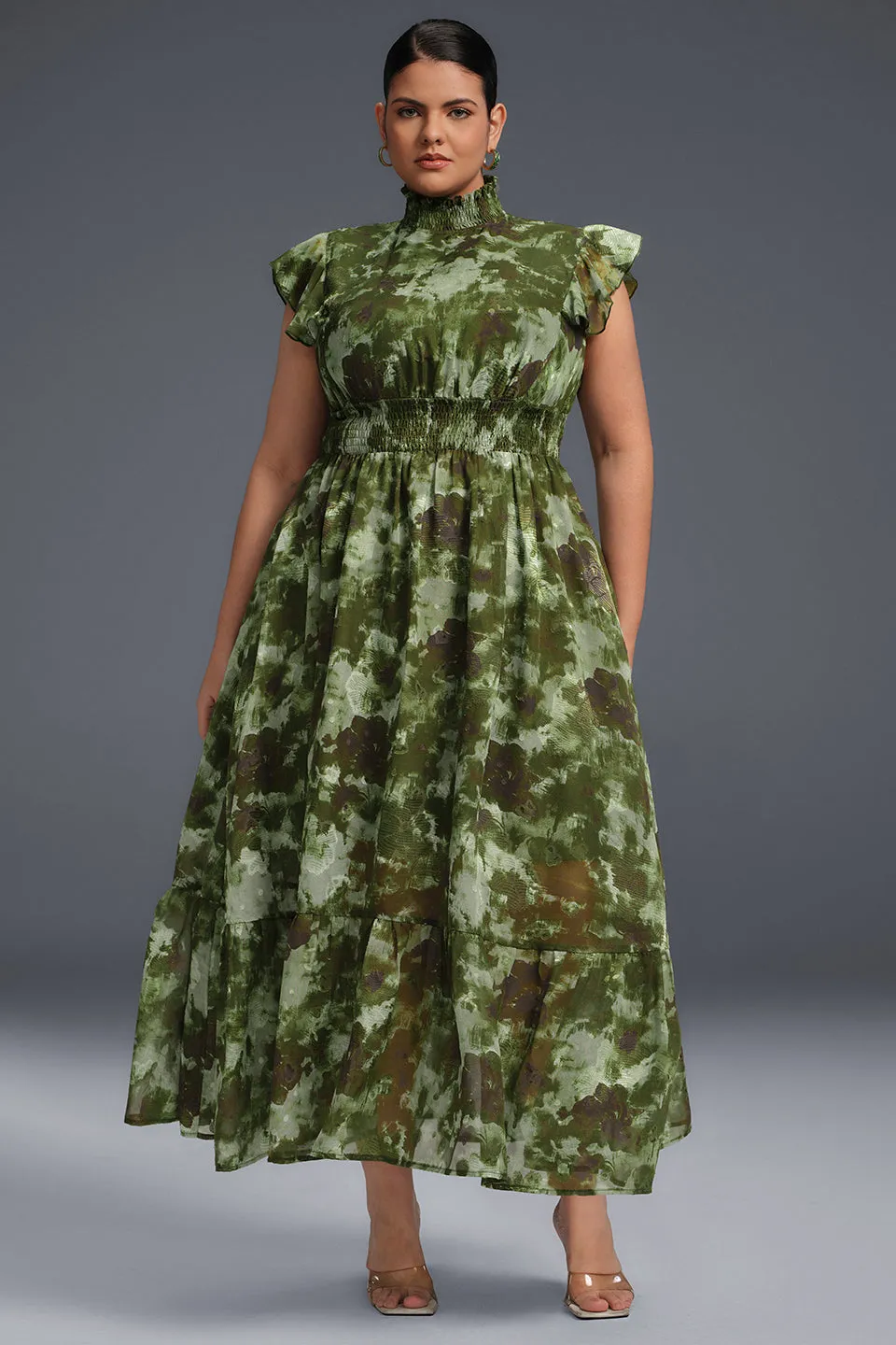 Curveins Plus Size Sleeveless Floral Ruffle Hem Mesh Maxi Dress